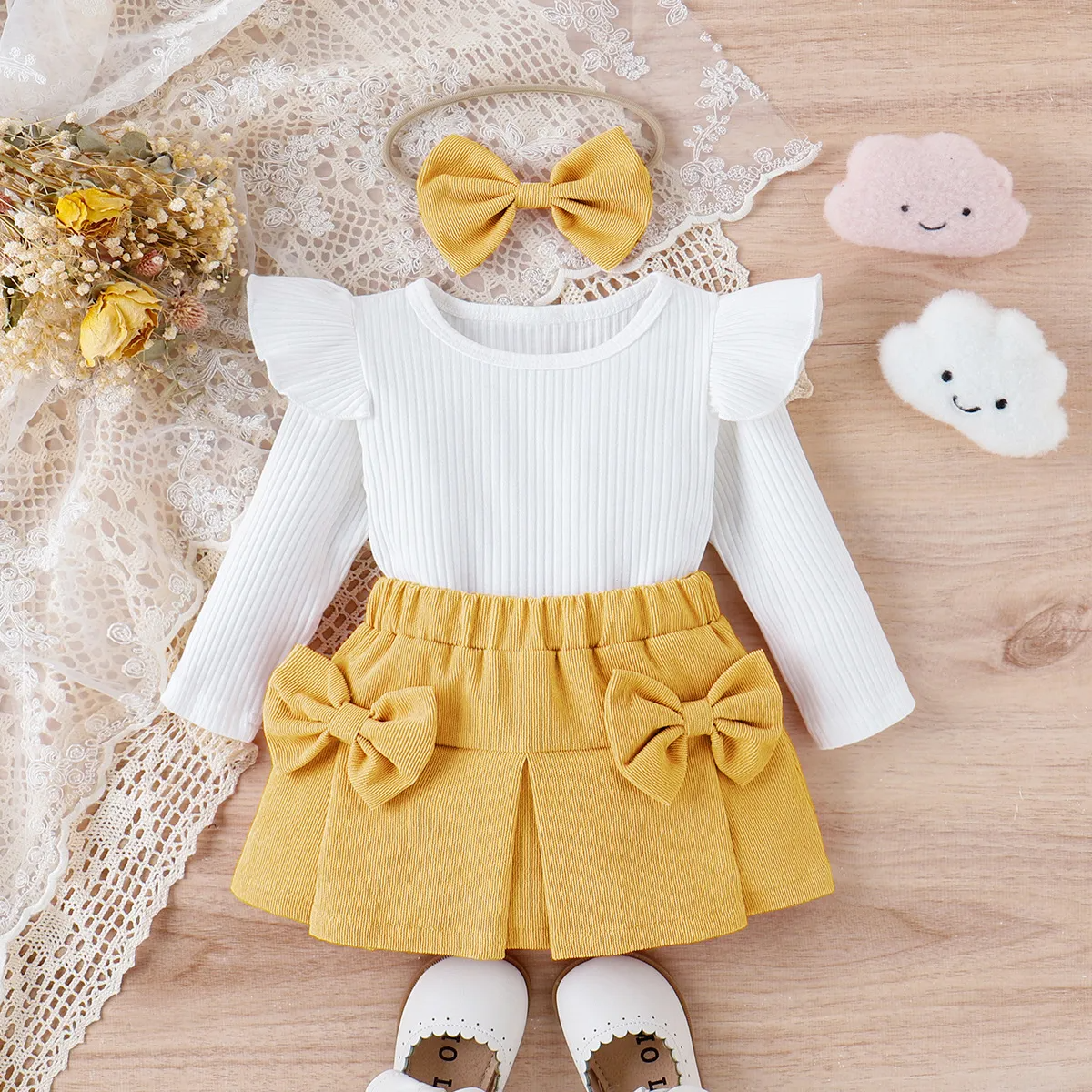 Kids Baby Toddler Girls Fashion Casual Solid Color Stripe Long Sleeve Round Neck T-Shirt Bow Skirt Sets