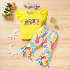 Kids Toddler Girls Casual Cute Easter Day Cartoon Rabbit Letter Print Raglan Sleeve Round Neck T-Shirt Flare Trousers Set