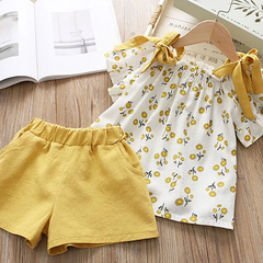 2 Pcs Girl Fresh Flower Print Tops And Shorts