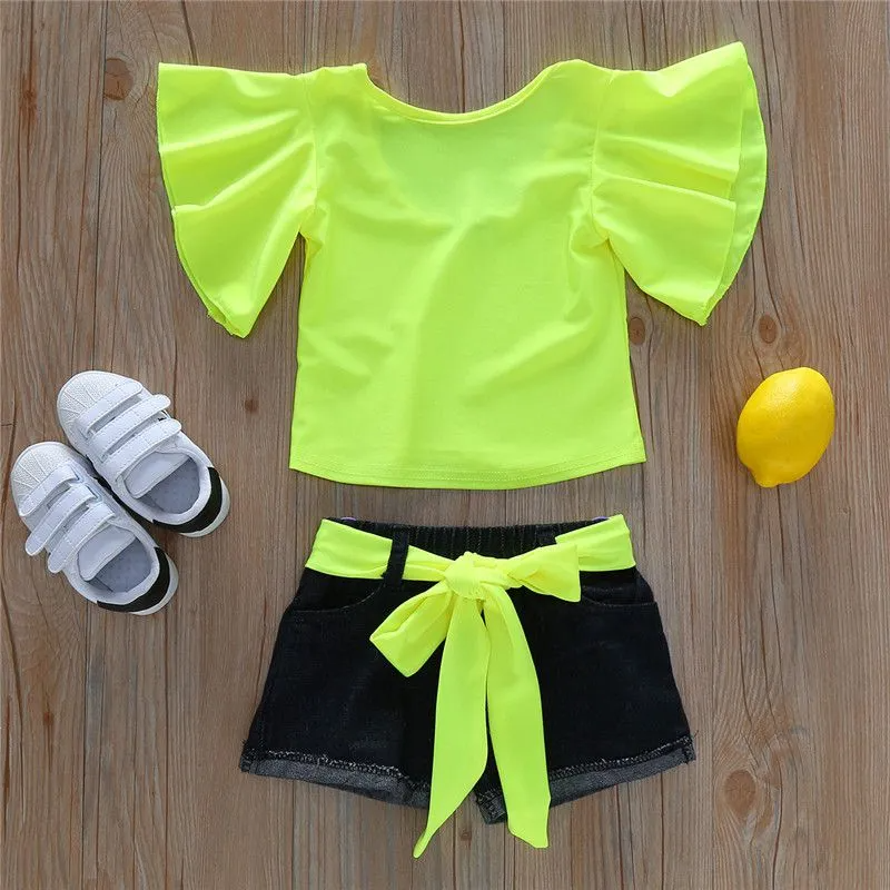 2 Pcs Fashion Girl Neon Color Ruffle Sleeves Tops And Shorts Set