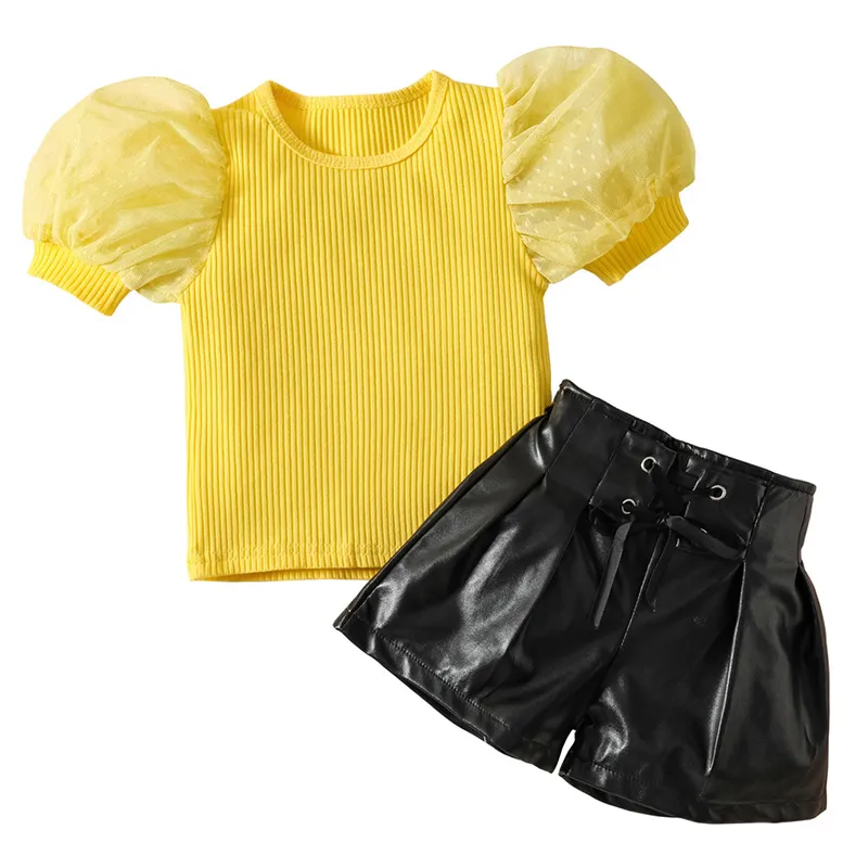 Children Kids Baby Fashion Girls Short Sleeve Solid Color Top And Pu Leather Shorts 2pcs Set