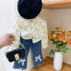 Children Kids Toddlers Girls Long-Sleeved Flower Shirt And Bow Jeans 2pcs Set