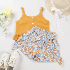 Children Kids Baby Fashion Girls Sleeveless Suspender Top And Flower Shorts 2pcs Set