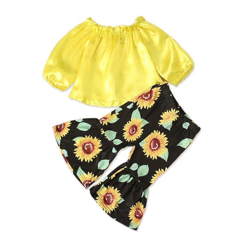 2 Pcs Set Kid Gir Yellow Tops And Sunflower Print Pants