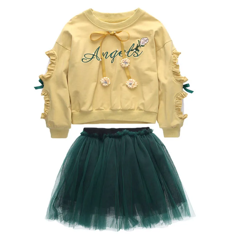 Children Kids Baby Fashion Girls Casual Long Sleeve Letter Embroidered Pearl Top And Mesh Skirt 2pcs Set