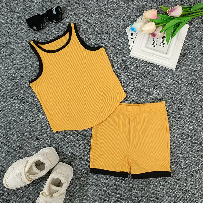 Children Kids Baby Fashion Girls Solid Color Vest And Shorts 2pcs Set