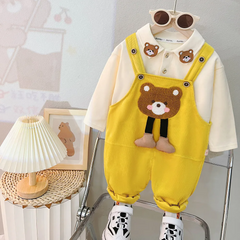 Kids Toddler Girls Boys Autumn Winter Fashion Casual Cute Solid Color Cartoon Bear Long Sleeve Sweatshirts Suspender Trousers Suit