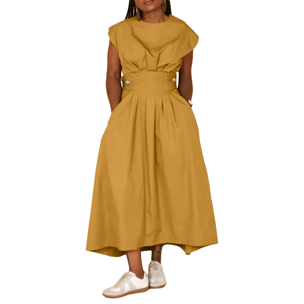 Casual Women Solid Color Round Neck Loose Large Swing Nylon Dress