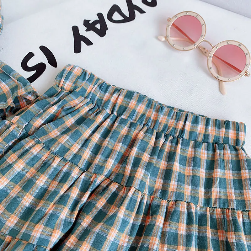 Girls Fashion Plaid Slip Tops And Skirt Set