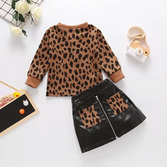 Girls Round Neck Leopard Printed Tops And PU Skirt Set