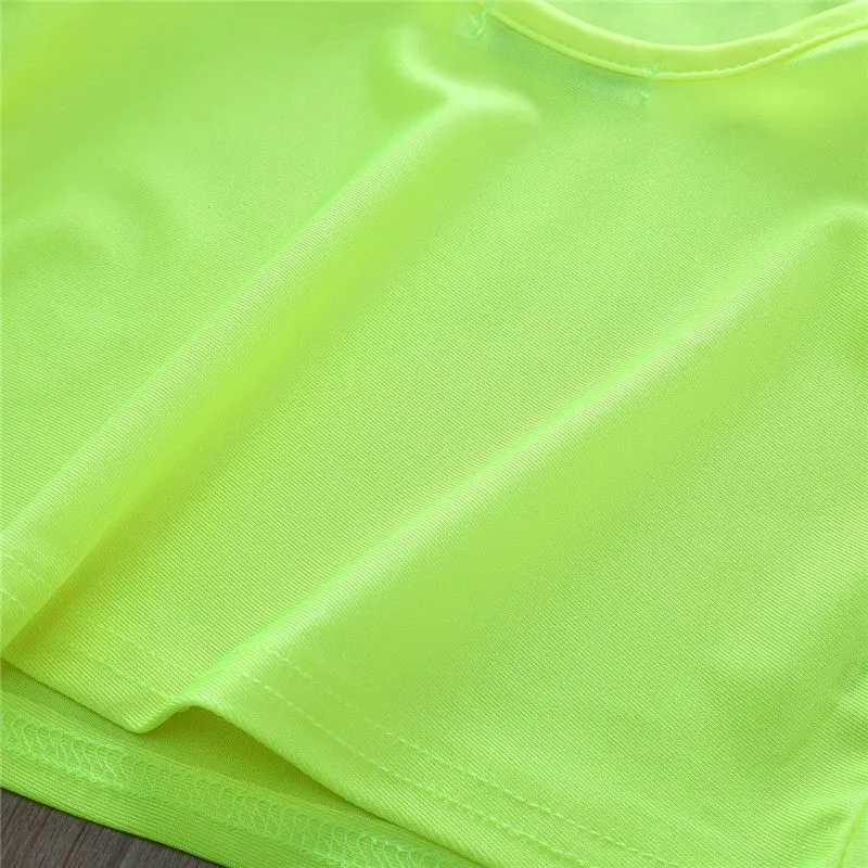 2 Pcs Fashion Girl Neon Color Ruffle Sleeves Tops And Shorts Set