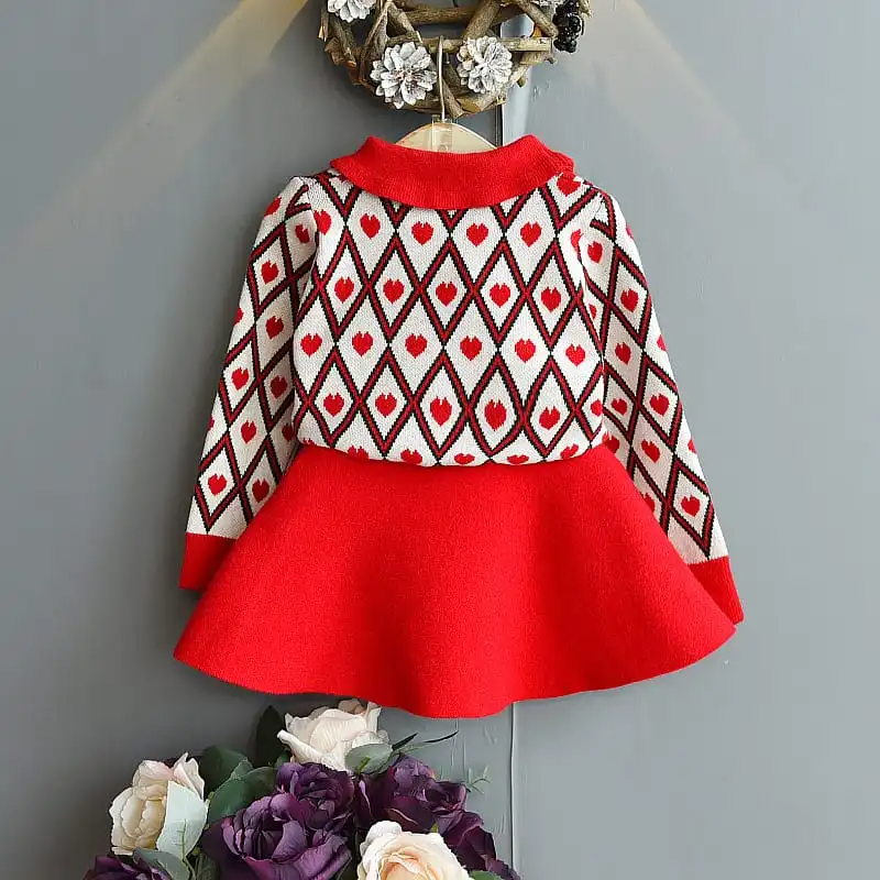 Girls Lapel Heart Pattern Tops And Skirt Set