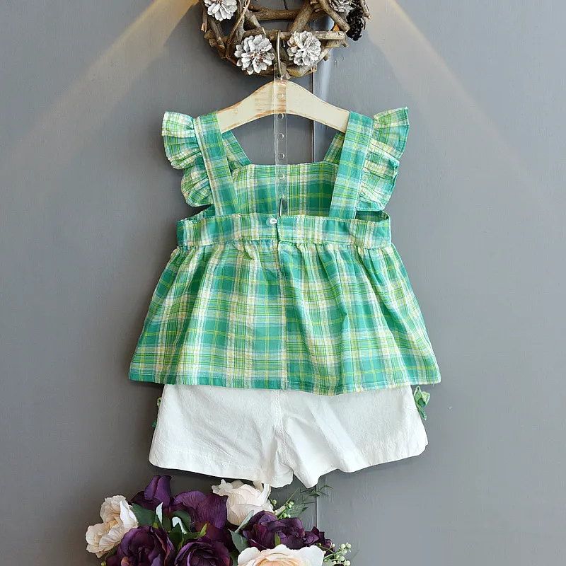 Girl Grid Pattern Sling Tops And Shorts Set