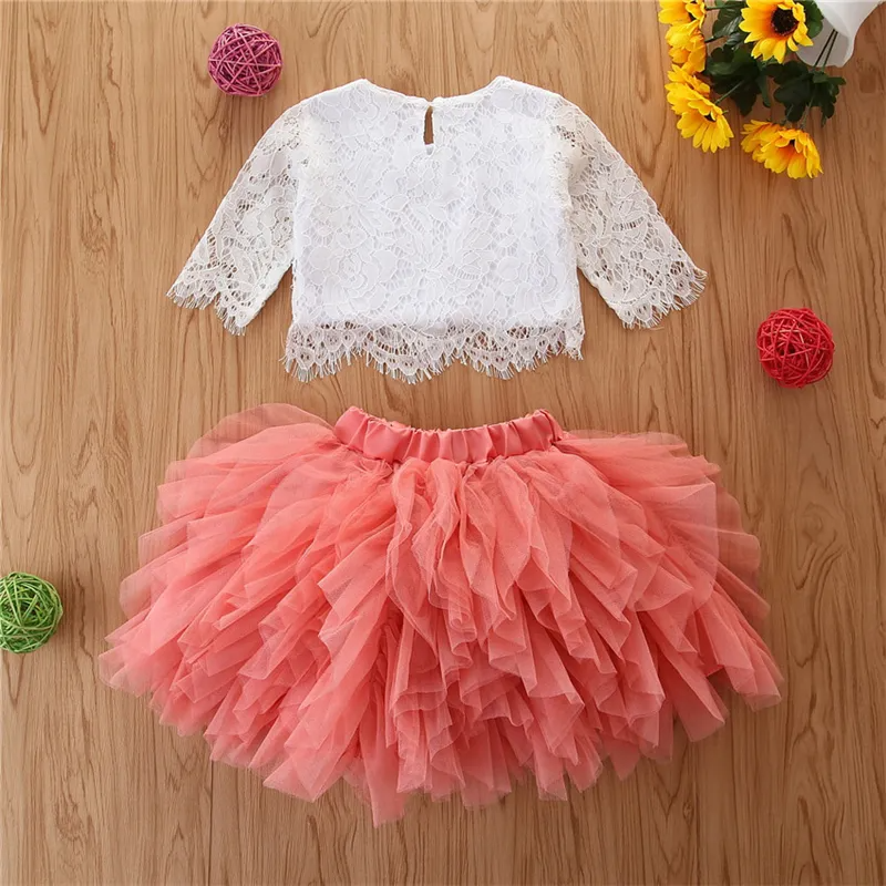 Girls Fashion Long-Sleeves Lace Tops And Fluffy Skirt Set