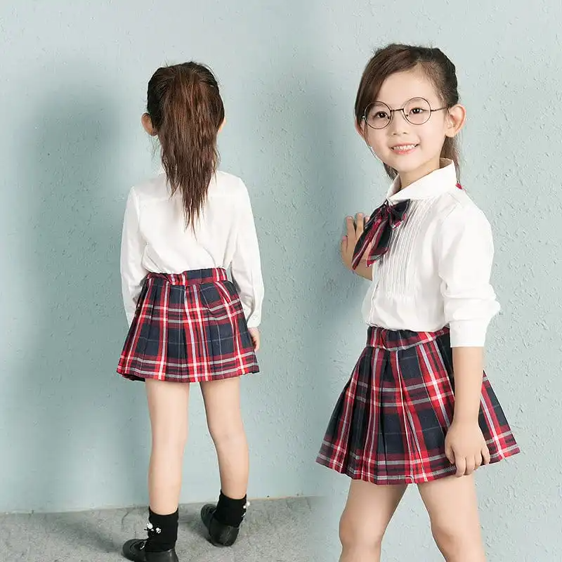 Girls Lapel Design Bowknot Decor Blouse And Plaid Skirt Set