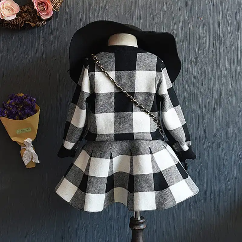 Girls Plaid Single-Breasted Tops And Skirt Set