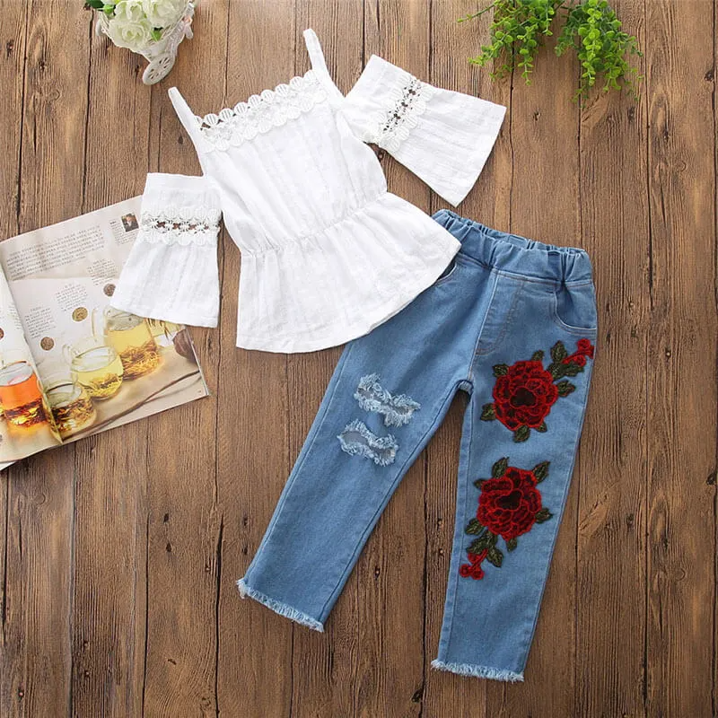 Girls Fashion Solid Color Cool-Shoulder Tops And Flower Pattern Hole Design Jeans Set