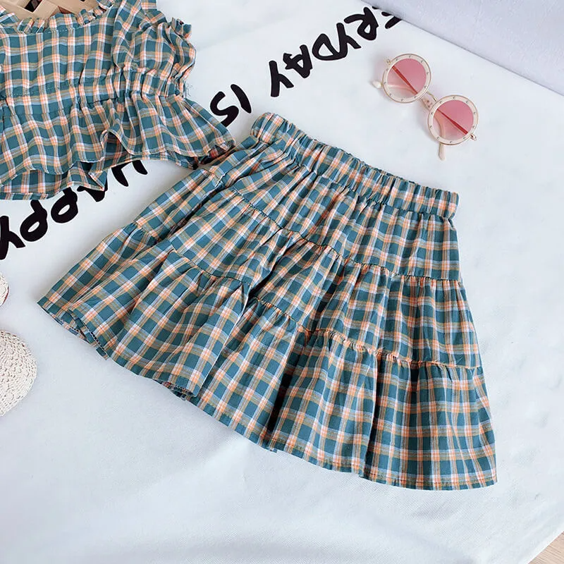 Girls Fashion Plaid Slip Tops And Skirt Set