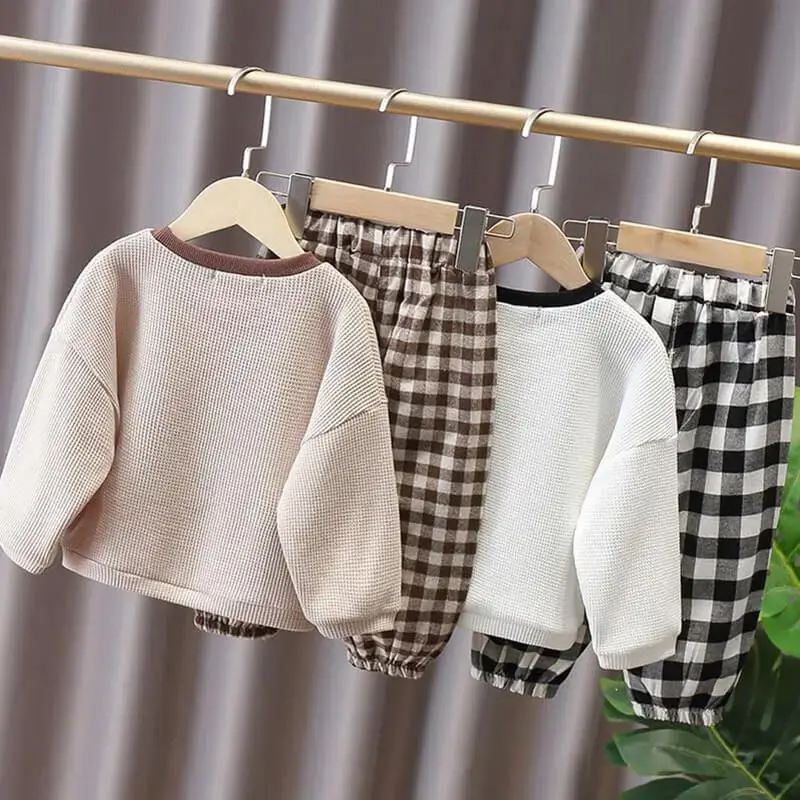 Kids Fashion Puppy Pattern Sweatshirt And Plaid Pants Set