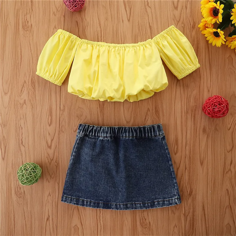 Girls Fashion Solid Color Off-The-Shoulder Tops And Denim Skirt Set