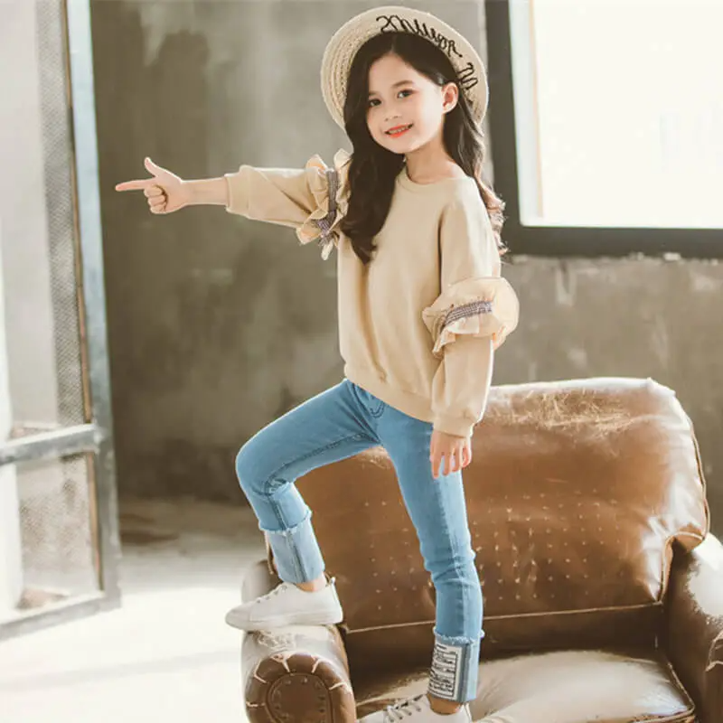 Girls Long-Sleeves Lace Design Solid Color Sweatshirt And Jeans Set