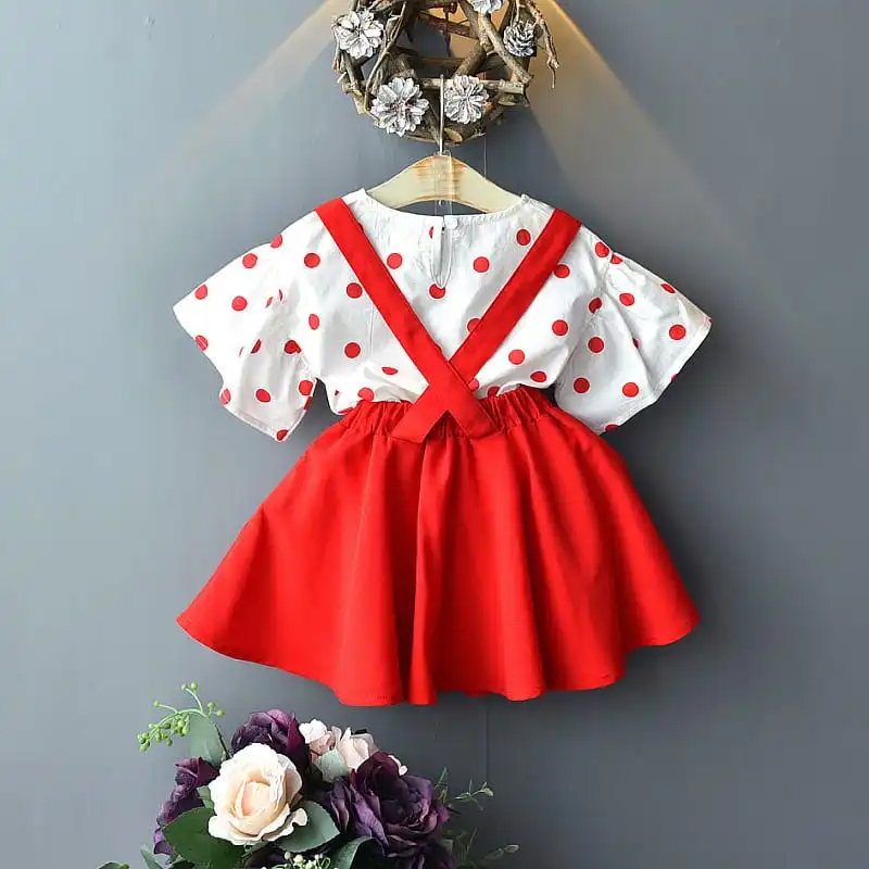 Girls Ruffled Polka Dot Tops And Suspender Skirt Set