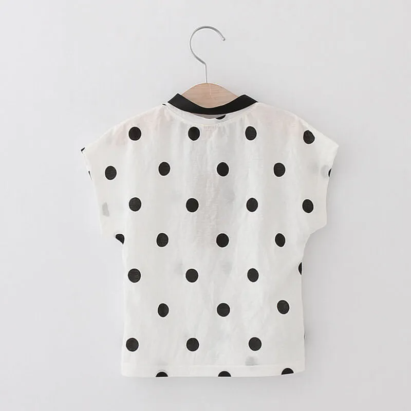 Girls Cute Polka Dot T-Shirt And Cat Pattern Skirt Set