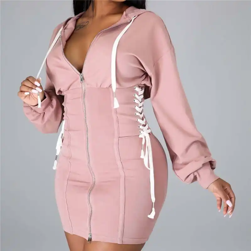 Women Fashion Hooded Lace-Up Zipper Dress