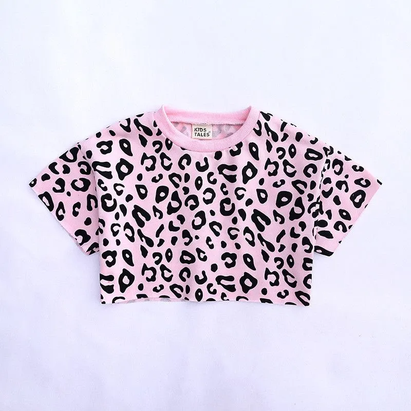 2 Pcs Set Girl Fashion Leopard Print Tees And Shorts