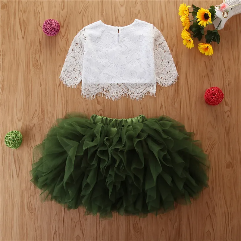 Girls Fashion Long-Sleeves Lace Tops And Fluffy Skirt Set