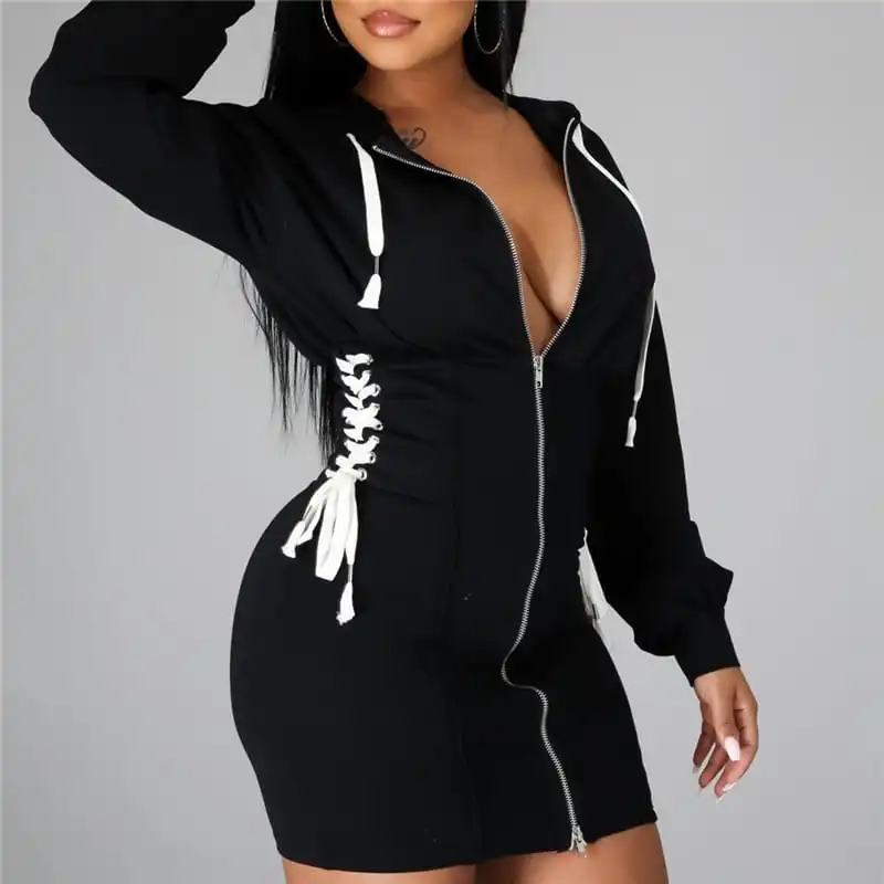 Women Fashion Hooded Lace-Up Zipper Dress