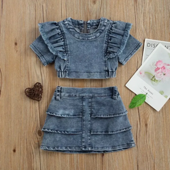 Kids Girls Basic Solid Color Round Neck Zipper Short Sleeve Denim Tops And Skirt Two Piece Set