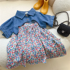 Children Kids Baby Fashion Girls Casual Short Sleeve Denim Top And Flower Suspender Dress 2pcs Set