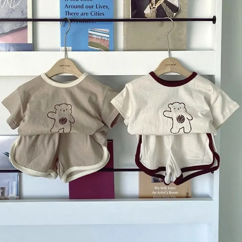 Children Kids Baby Fashion Girls Casual Basic Short Sleeve Cartoon Bear Print T-Shirt And Shorts 2pcs Set