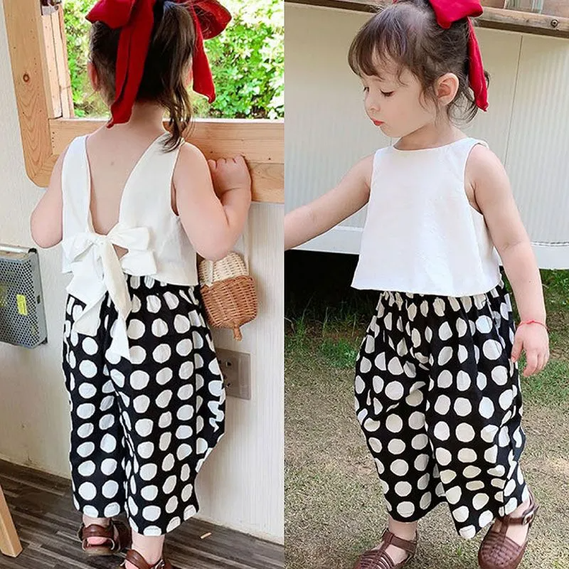 Girls Pure Color Backless Lace-Up Vest And Polka Dot Harem Pants