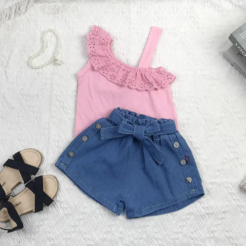 Children Kids Baby Fashion Girls Casual One Shoulder Strap Sleeveless Lace Top And Shorts 2pcs Set