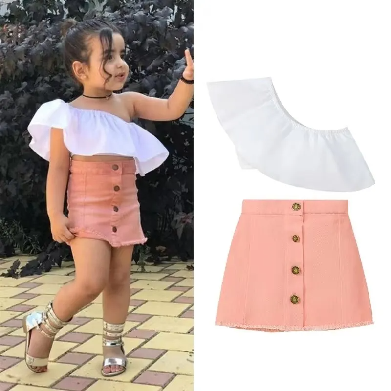 Kids Baby Toddler Girls Fashion One Shoulder Cropped Top And Denim Skirt Two-Piece Set