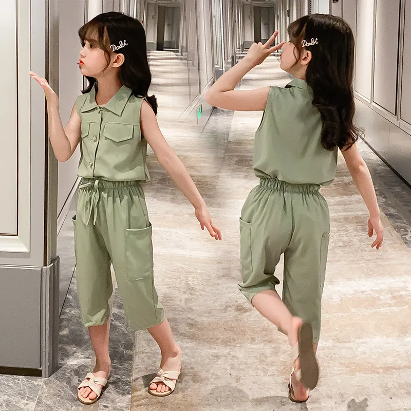 Children Kids Toddler Girls Lapel Sleeveless Top And Pants 2pcs Set