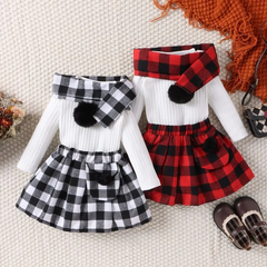 Kids Toddler Girls Fashion Casual Solid Color Stripe Long Sleeve Round Neck T-Shirt Plaid Short Skirt Sets