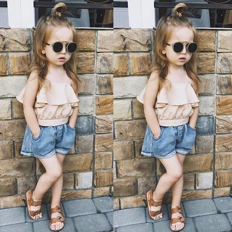 Children Kids Baby Fashion Girls Casual Basic Sleeveless Suspender Top And Denim Shorts 2pcs Set