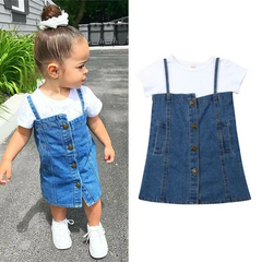 2 Pcs Set Fashion Girl White Tees And Denim Dress