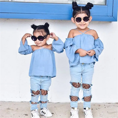 Kids Off-The-Shoulder Denim Top And Hole Fishnet Design Jeans Suit