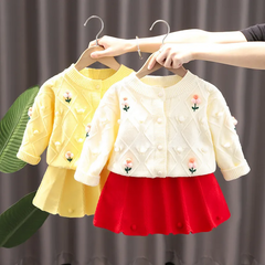 Kids Toddler Girls Autumn Winter Fashion Casual Simple Solid Color Flower Button Round Neck Sweater Pleated Skirt Set