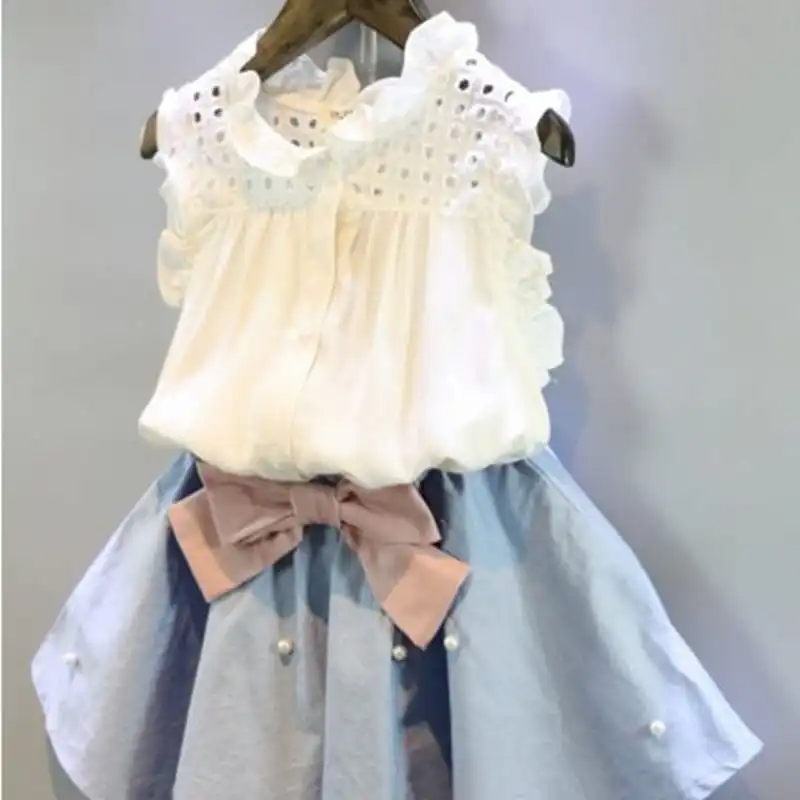 Kids Hollow Design Sleeveless Tops And Pearl Decoration Skirt Set