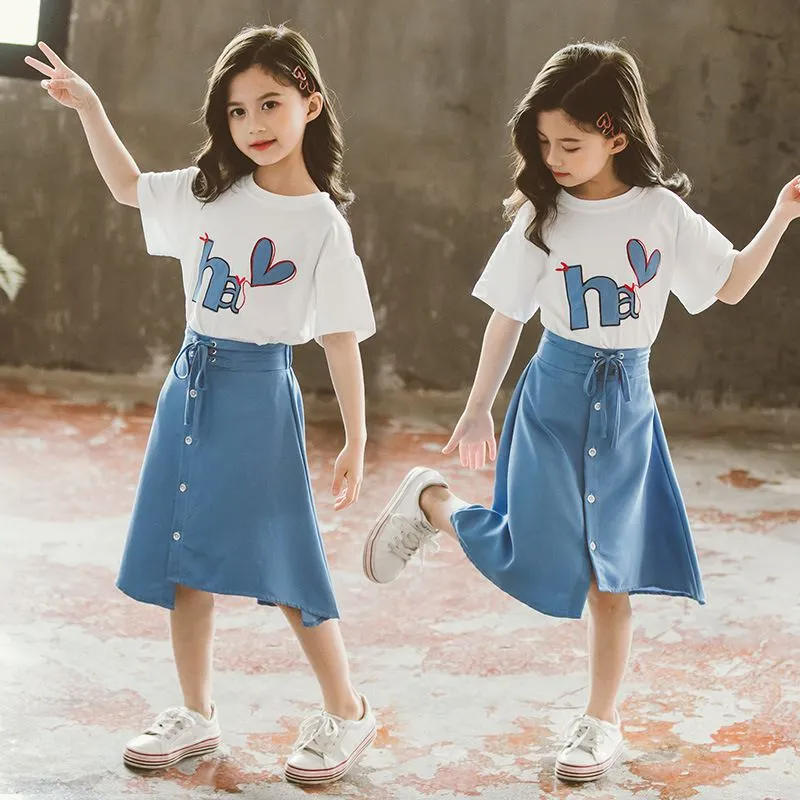 2pcs/Set Girls Embroidery Tops And Bandage Design Single-Breasted Skirts