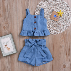 Girls Simple Solid Color Stringy Selvedge Design Tops And Shorts Set