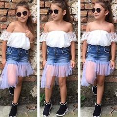 2 Pcs Set Fashion Girl Off-Shoulder Tops And Denim Skirts