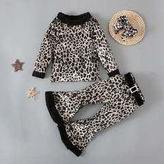 Children Kids Toddlers Girls Leopard Long-Sleeved Top And Flared Pants 2pcs Set