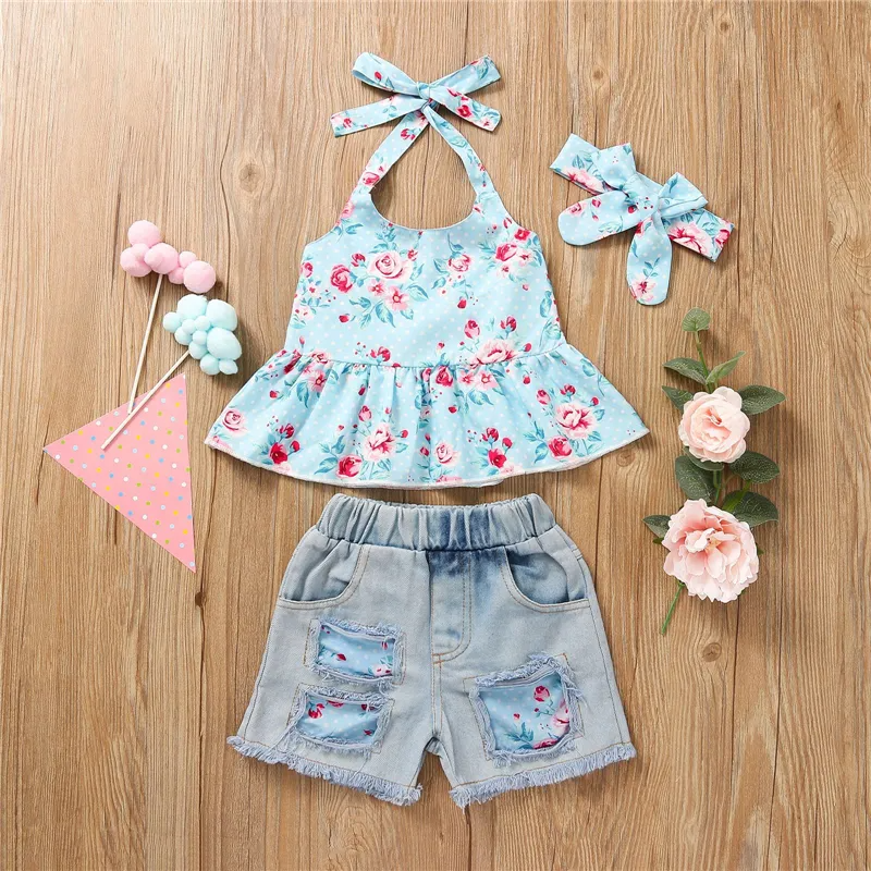 Girls Fashion Flower Pattern Tops And Denim Shorts Set