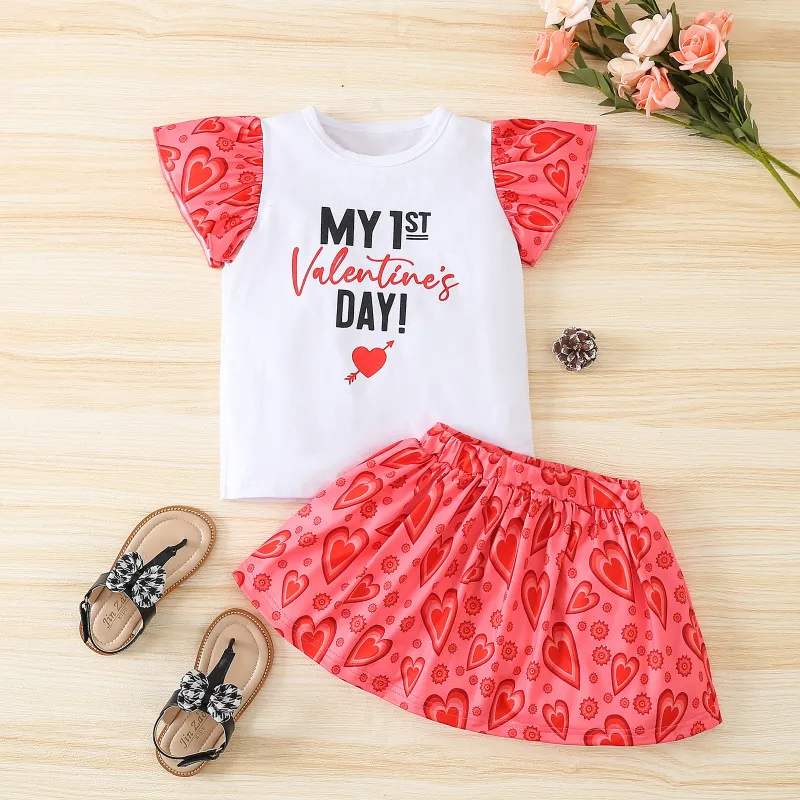 Kids Toddler Girls Casual Cute Sweet Letter Heart Print Short Sleeve Round Neck T-Shirt Skirt Set